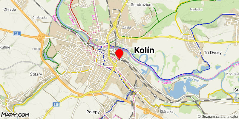 Mapa k akci Vánoční pochod v Kolíně – memoriál Zdeňka Uhra, Oldy Dobiáše, Jiřího Macouna a Jana Šobory